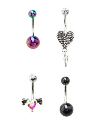 Multi-Pack Heart Skeleton Ribs Belly Rings 4 Pack - 14 Gauge