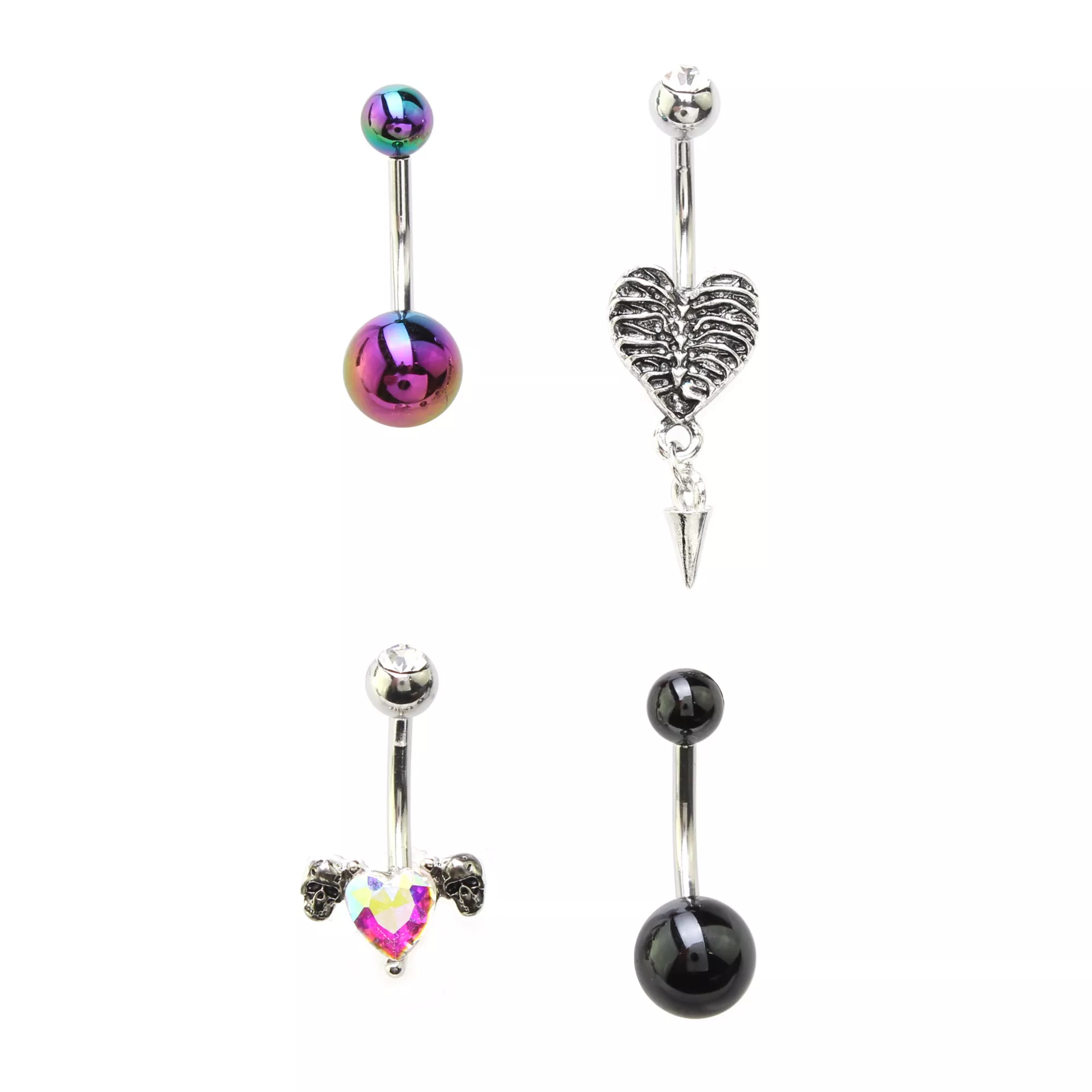 Multi-Pack Heart Skeleton Ribs Belly Rings 4 Pack - 14 Gauge at Spencer's