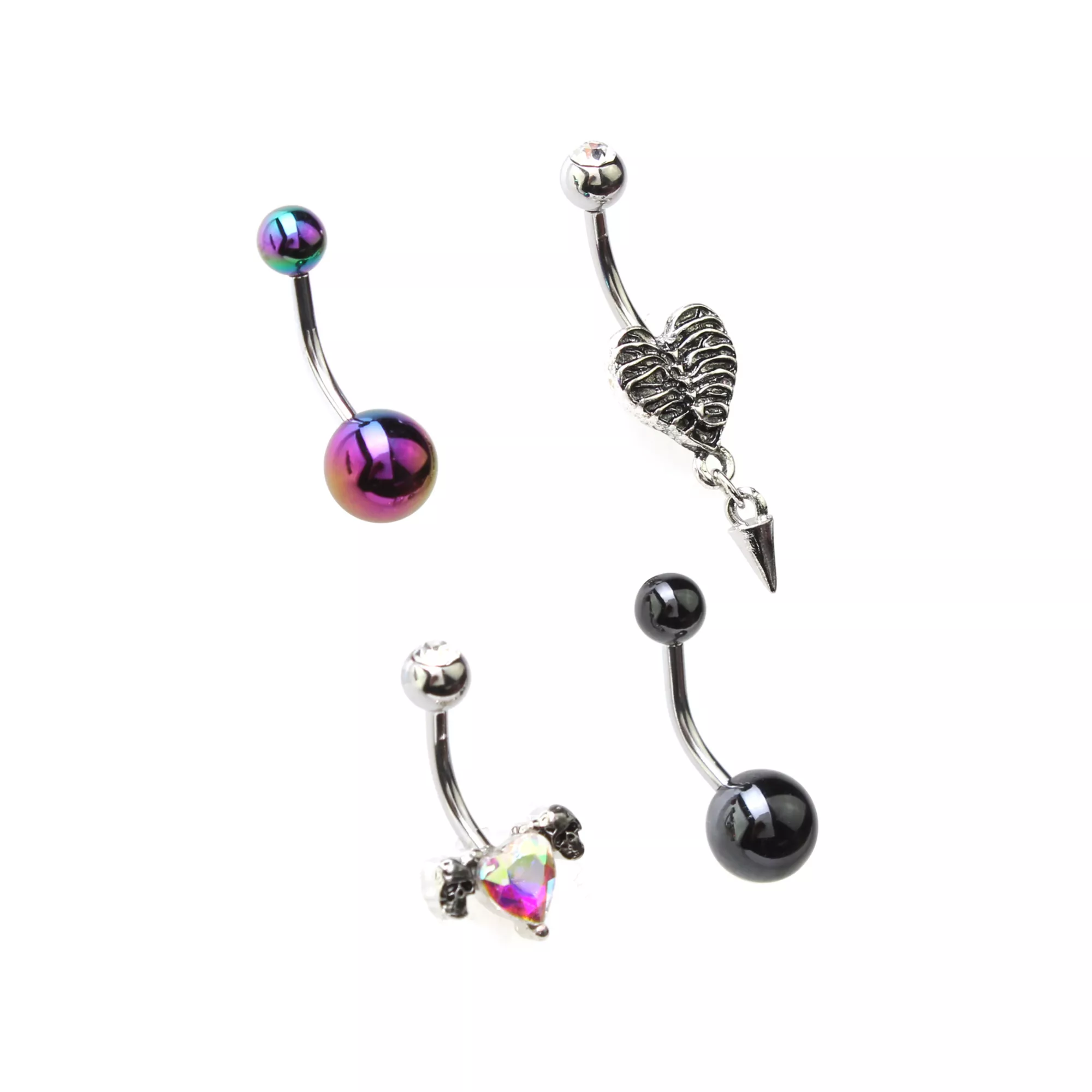 Multi-Pack Heart Skeleton Ribs Belly Rings 4 Pack - 14 Gauge at Spencer's