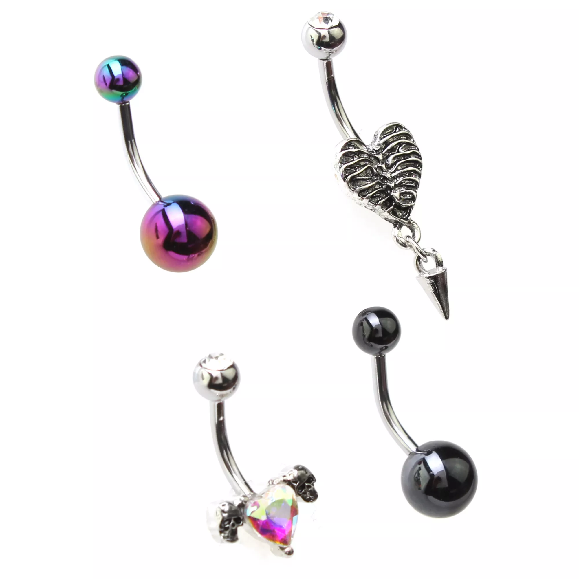 Multi-Pack Heart Skeleton Ribs Belly Rings 4 Pack - 14 Gauge at Spencer's