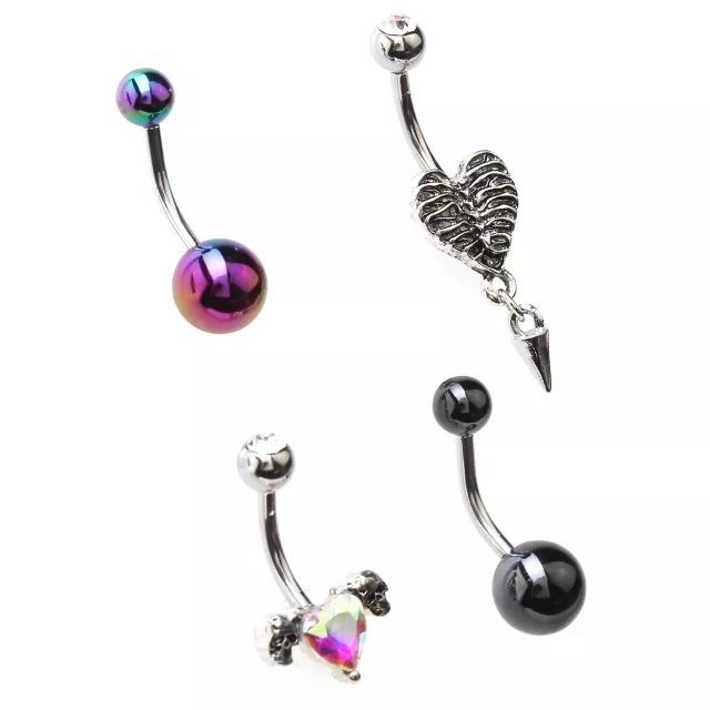 Multi-Pack Heart Skeleton Ribs Belly Rings 4 Pack - 14 Gauge at Spencer's