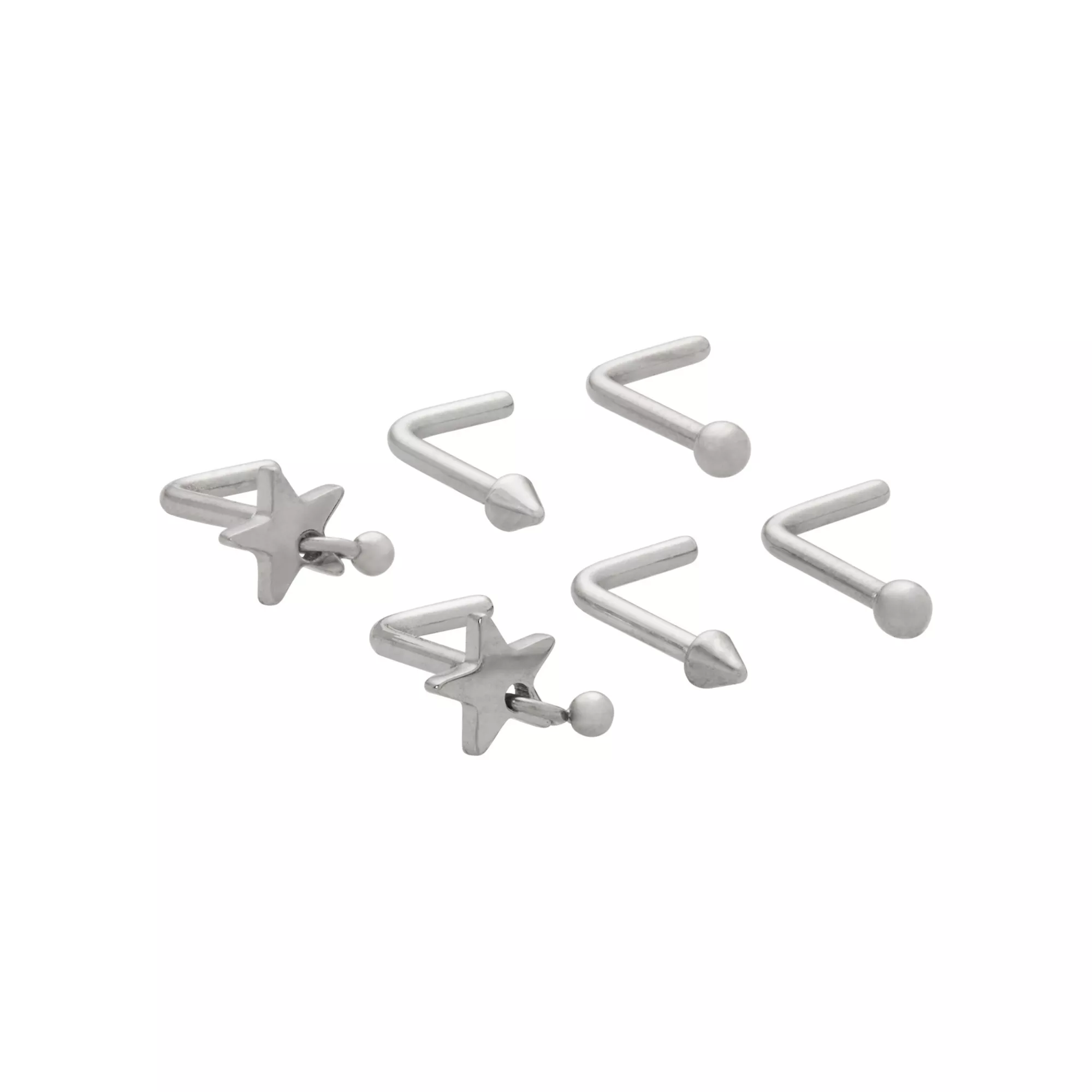 Multi-Pack Star Silvertone L-Bend Nose Rings 6 Pack - 18 Gauge at Spencer's