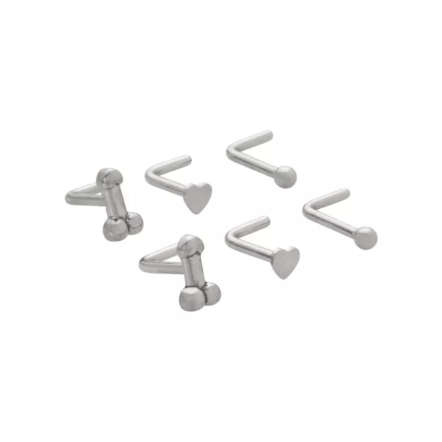 Multi-Pack Penis and Heart Silvertone L-Bend Nose Rings 6 Pack - 18 Gauge at Spencer's