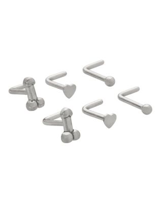 Multi-Pack Penis and Heart Silvertone L-Bend Nose Rings 6 Pack - 18 Gauge