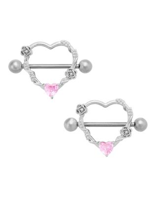 CZ Pink Heart Rose Silvertone Titanium Nipple Shields - 14 Gauge