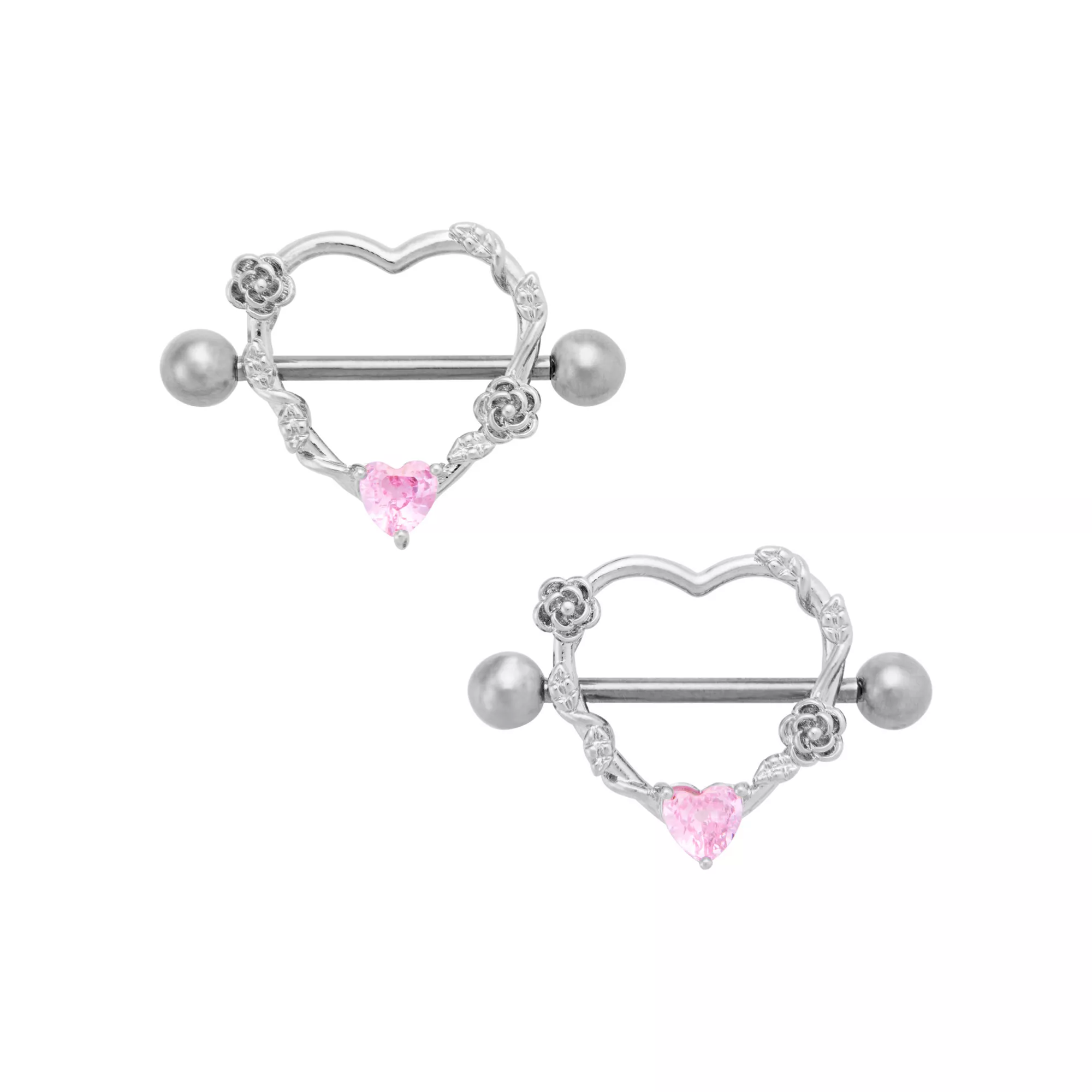 CZ Pink Heart Rose Silvertone Titanium Nipple Shields - 14 Gauge at Spencer's