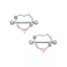 CZ Pink Heart Rose Silvertone Titanium Nipple Shields - 14 Gauge at Spencer's