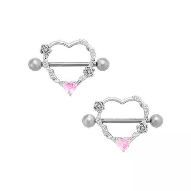 CZ Pink Heart Rose Silvertone Titanium Nipple Shields - 14 Gauge at Spencer's