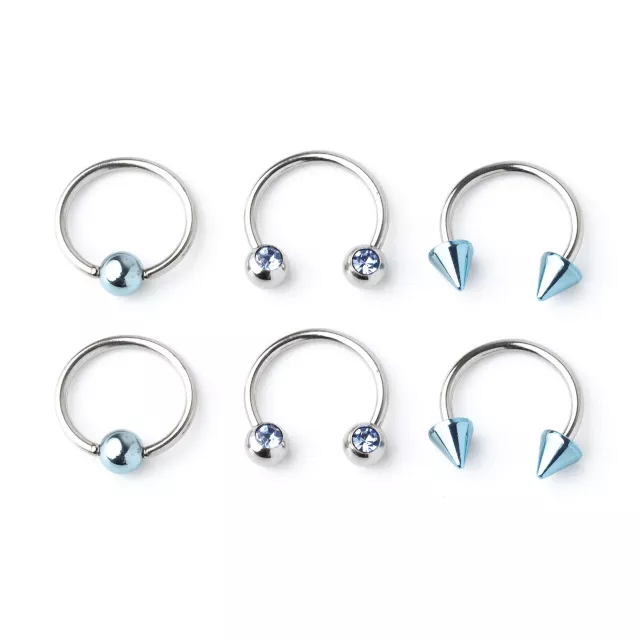 Multi-Pack Blue and Silvertone Horseshoe and Captive Rings 3 Pair - 16 Gauge at Spencer's