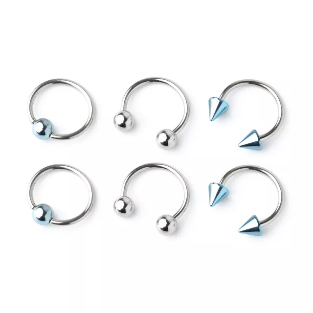 Multi-Pack Blue and Silvertone Horseshoe and Captive Rings 3 Pair - 16 Gauge at Spencer's