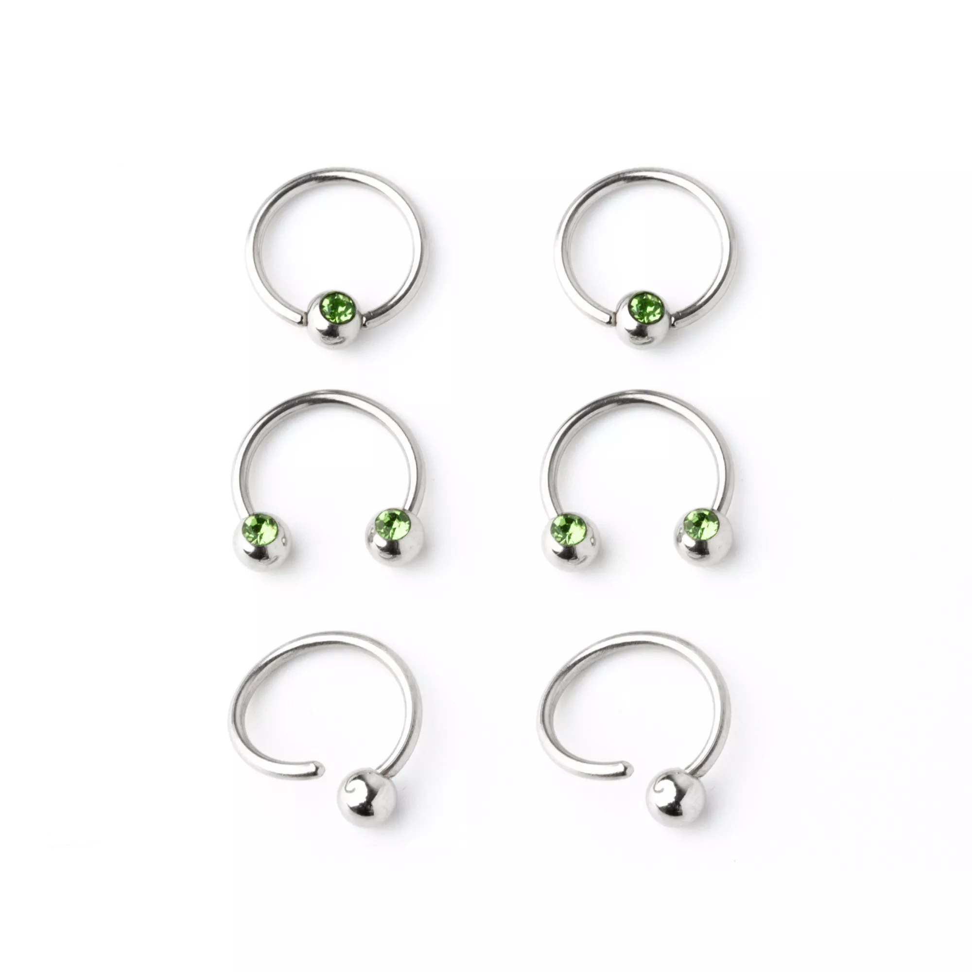 Multi-Pack Green CZ Horseshoe and Captive Rings 3 Pair - 16 Gauge at Spencer's