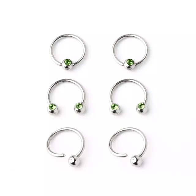 Multi-Pack Green CZ Horseshoe and Captive Rings 3 Pair - 16 Gauge at Spencer's