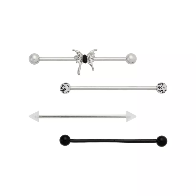 Multi-Pack Silvertone and Black Drippy Butterfly Industrial Barbells 4 Pack - 14 Gauge at Spencer's