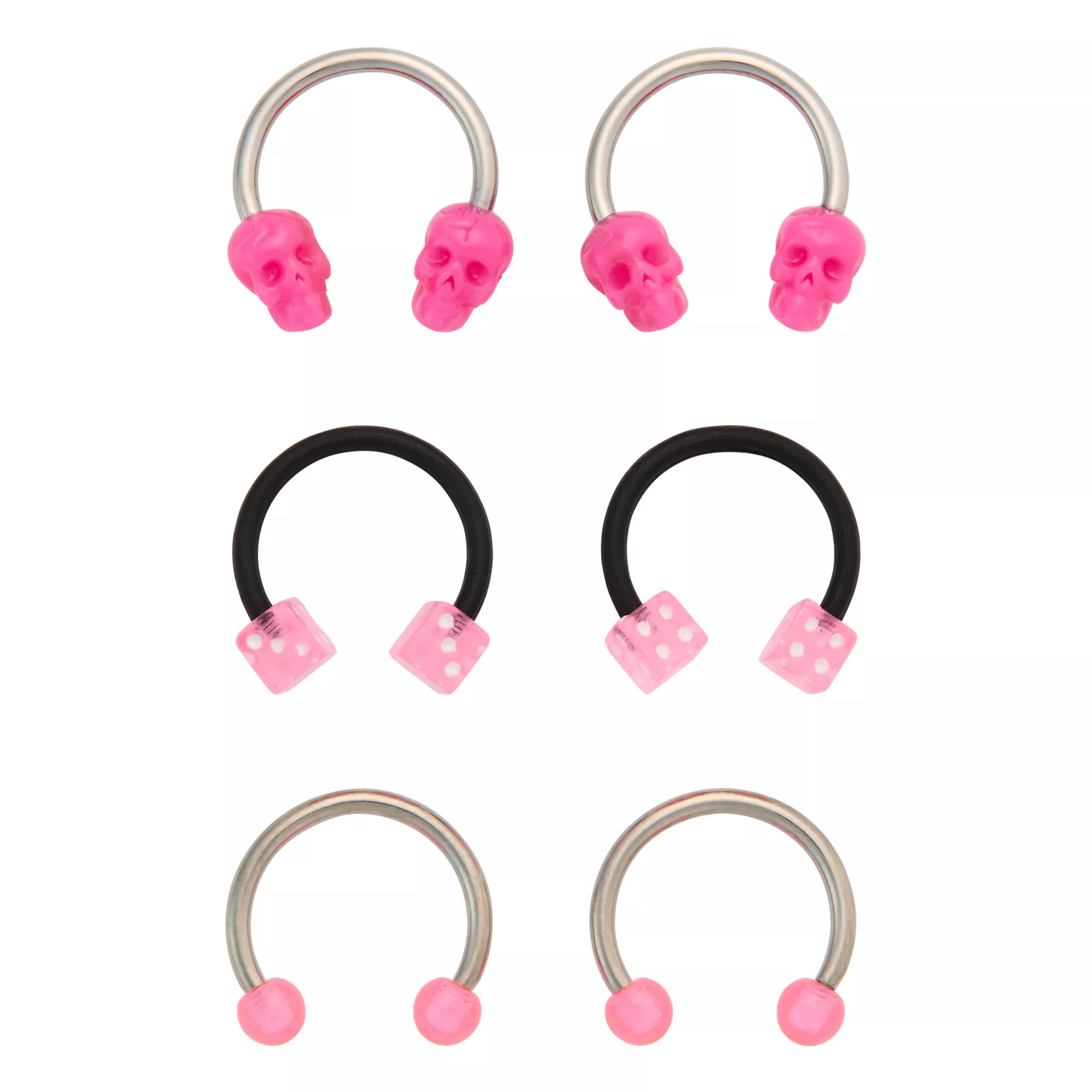Multi-Pack Pink Titanium Skull and Dice Horseshoe Rings 3 Pair - 16 Gauge at Spencer's