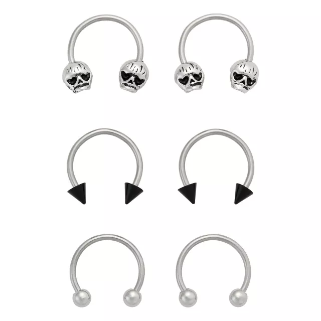 Multi-Pack Silvertone and Black Skull Horseshoe Rings 18 Gauge - 3 Pair at Spencer's