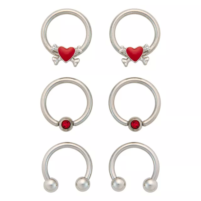 Multi-Pack CZ Skull Heart Silvertone Horseshoe and Captive Rings 16=4 Gauge - 3 Pair at Spencer's