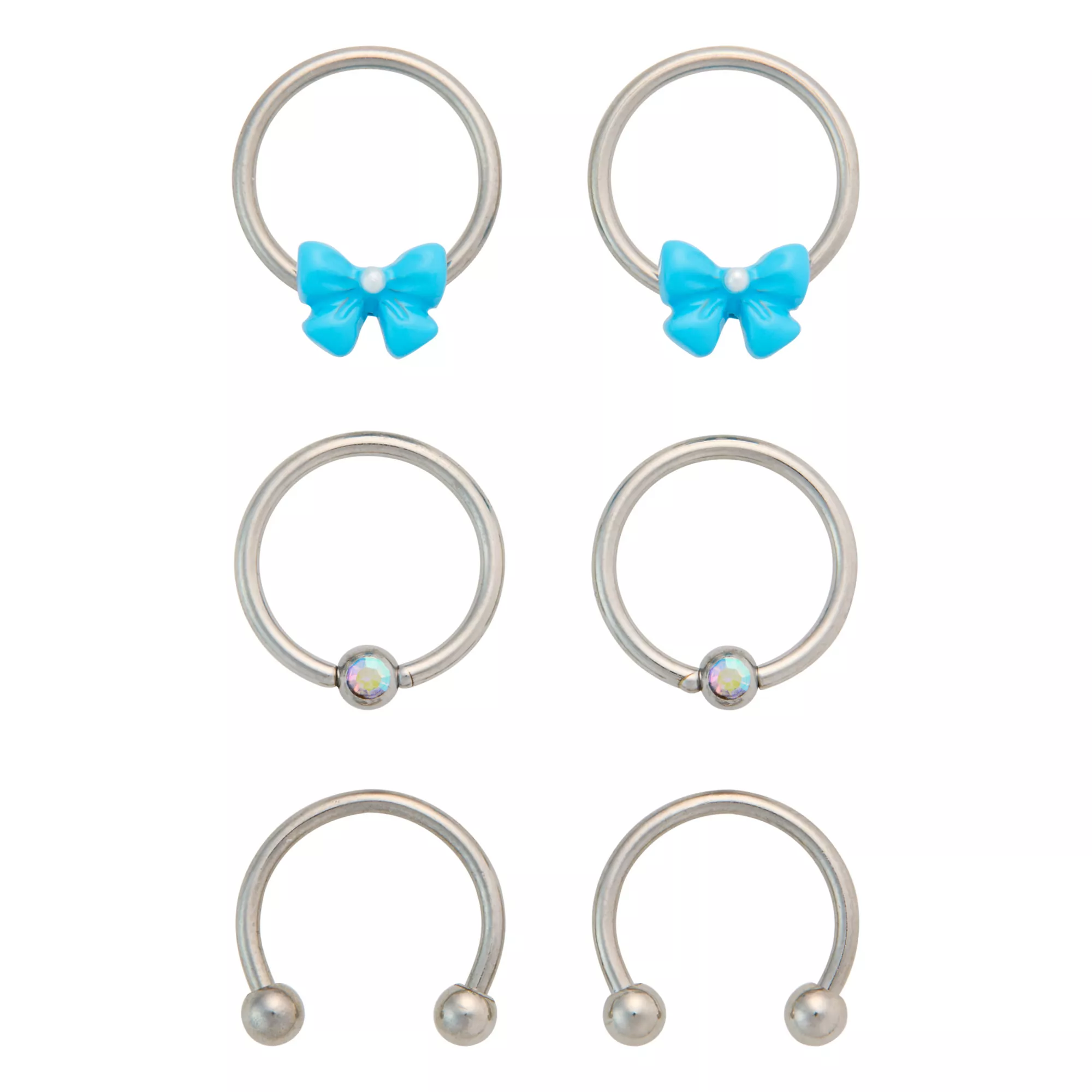 Multi-Pack Silvertone Bow Horseshoe and Captive Rings 16 Gauge - 3 Pair at Spencer's