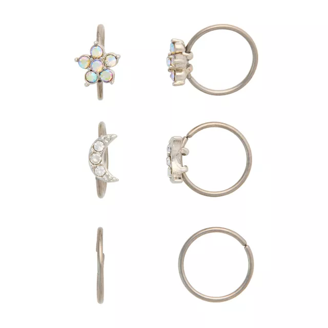 Multi-Pack CZ Star and Moon Titanium Hoop Nose Rings 3 Pair - 20 Gauge at Spencer's