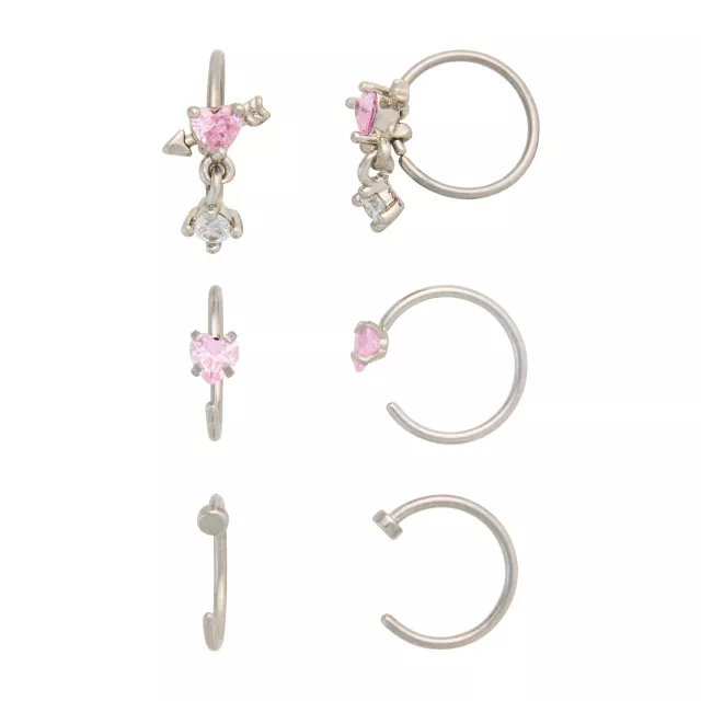 Multi-Pack Pink CZ Heart Dangle Nose Hoops 6 Pack - 20 Gauge