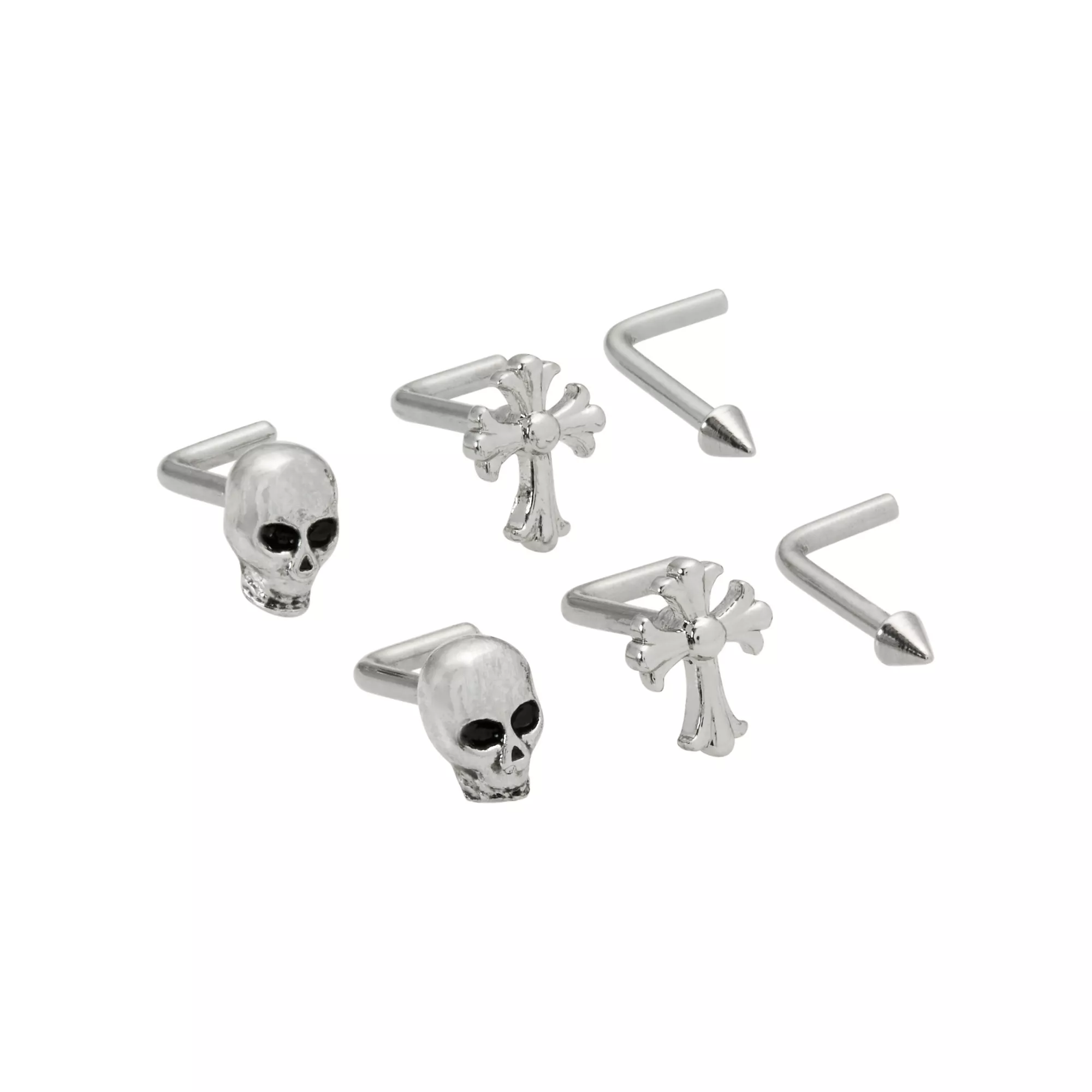 Multi-Pack Skull and Cross  L-Bend Nose Pins 6 Pack - 18 Gauge