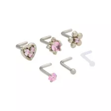 Multi-Pack Pink CZ Heart and Flower L-Bend Nose Pins 6 Pack - 18 Gauge at Spencer's