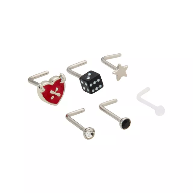 Multi-Pack Heart and Dice L-Bend Nose Pins 6 Pack - 20 Gauge at Spencer's