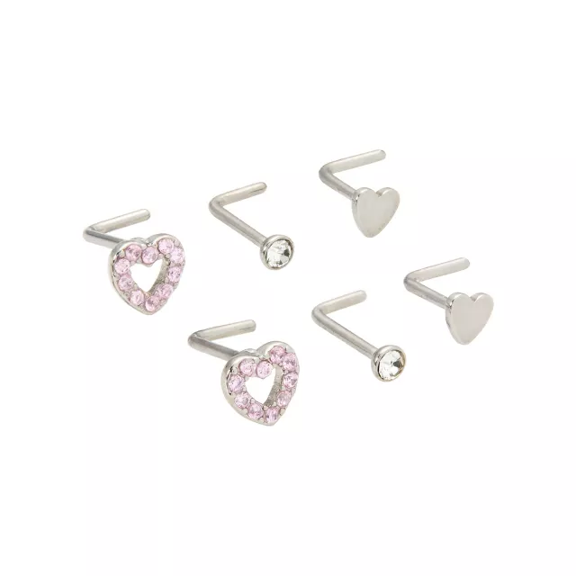 Multi-Pack Pink CZ Heart L-Bend Nose Pins 6 Pack - 20 Gauge at Spencer's
