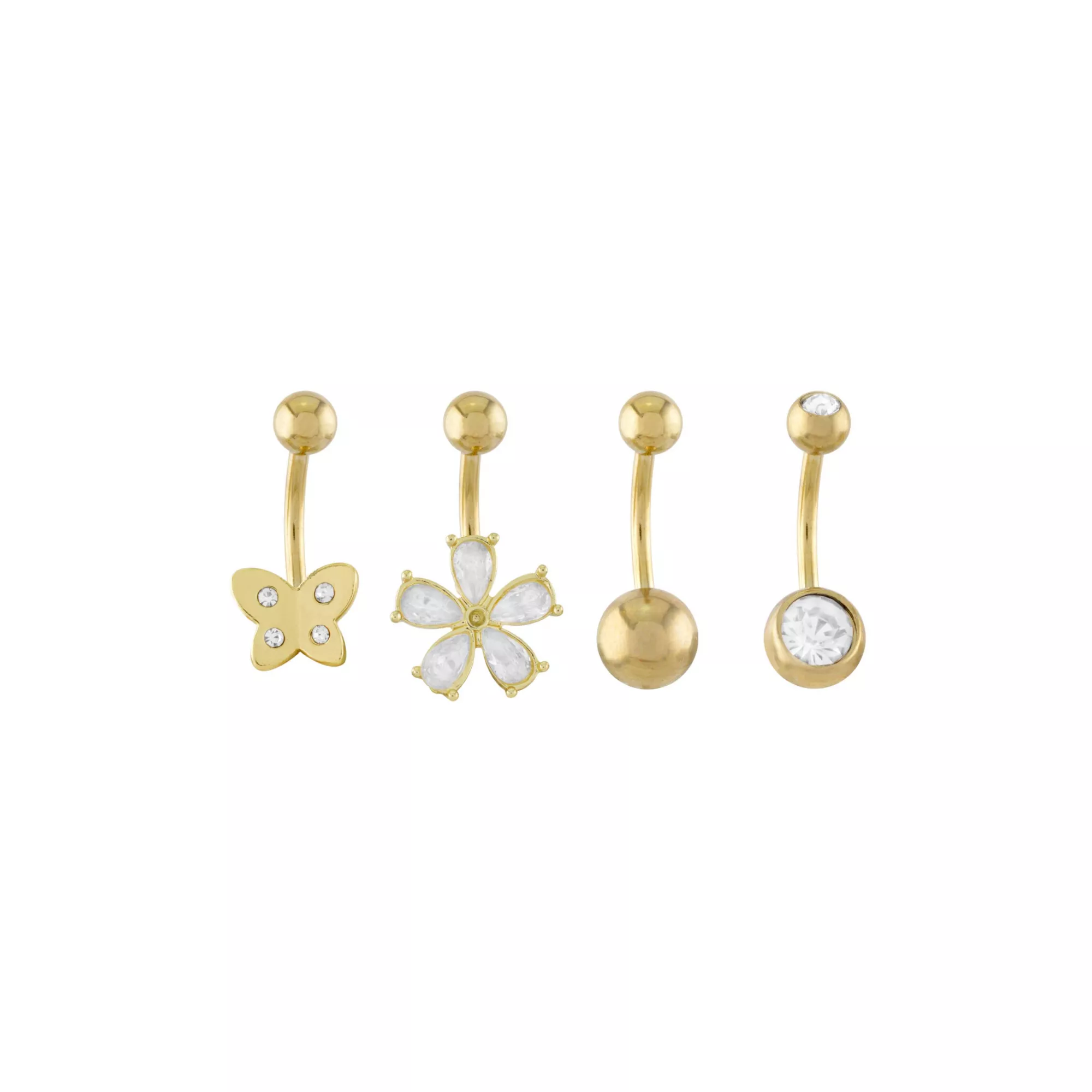 Multi-Pack 14K Gold CZ Butterfly and Flower Belly Rings 4 Pack - 14 Gauge at Spencer's