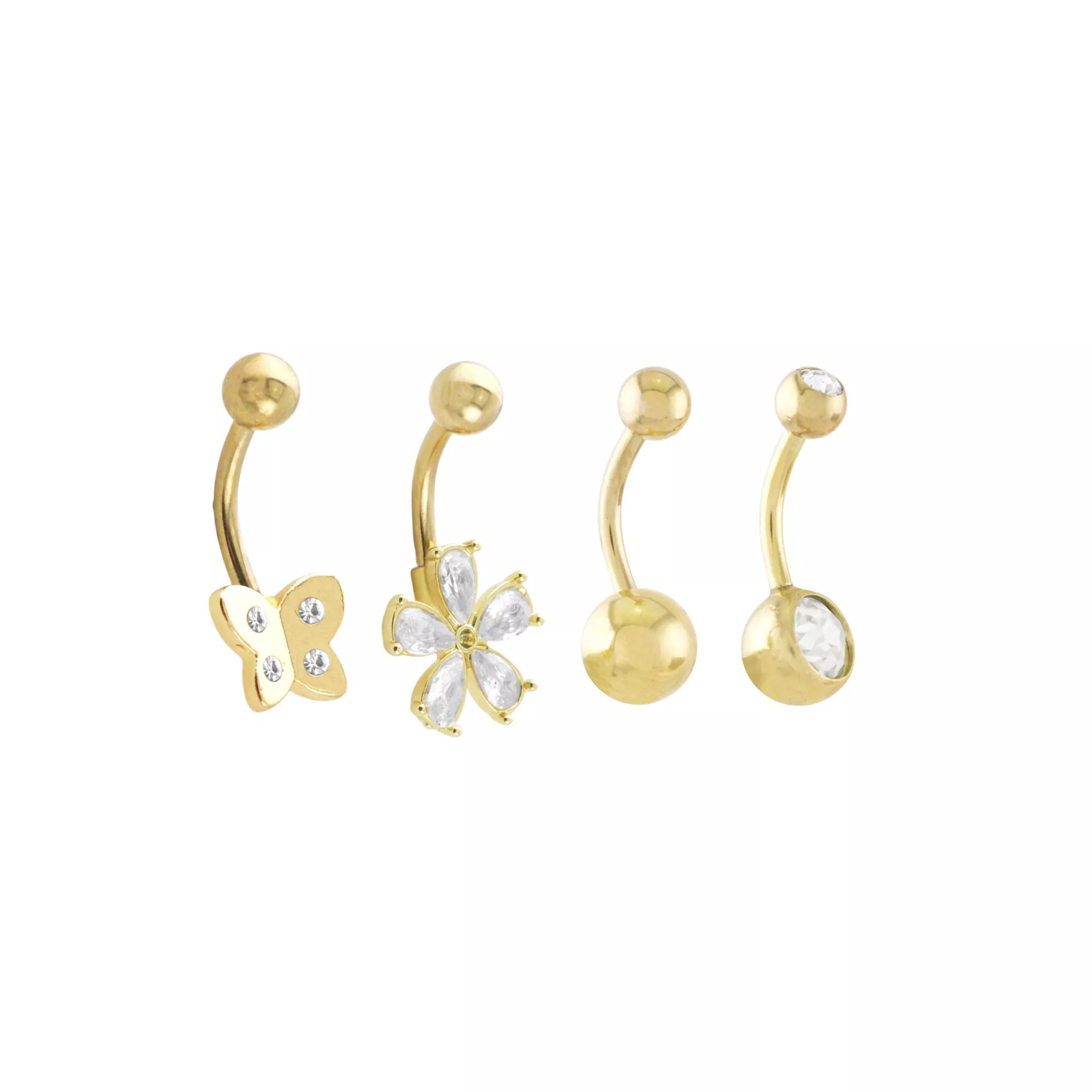 Multi-Pack 14K Gold CZ Butterfly and Flower Belly Rings 4 Pack - 14 Gauge at Spencer's