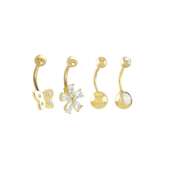 Multi-Pack 14K Gold CZ Butterfly and Flower Belly Rings 4 Pack - 14 Gauge at Spencer's