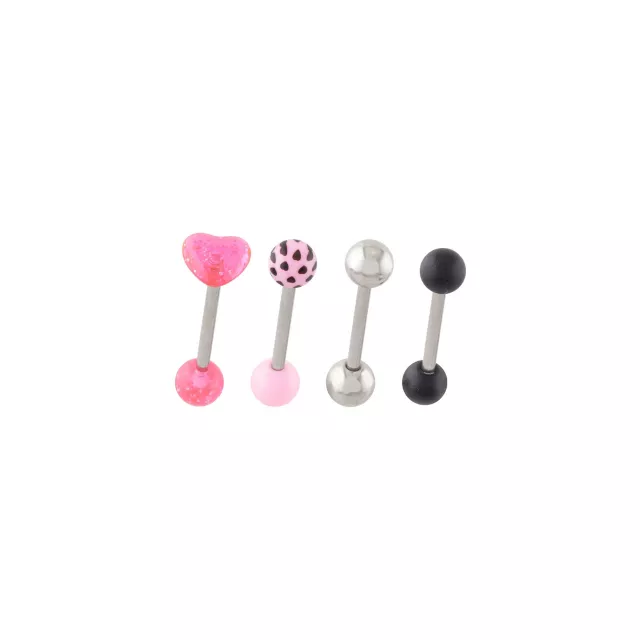 Multi-Pack Titanium and Acrylic Pink Heart Tongue Barbells 4 Pack - 14 Gauge at Spencer's
