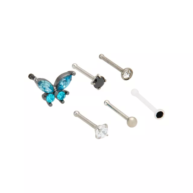 Multi-Pack CZ Blue Titanium Butterfly Nose Pins 6 Pack - 20 Gauge at Spencer's