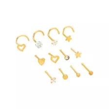Multi-Pack CZ Goldtone Star Heart Nose Pins and Screw Rings 12 Pack - 20 Gauge at Spencer's