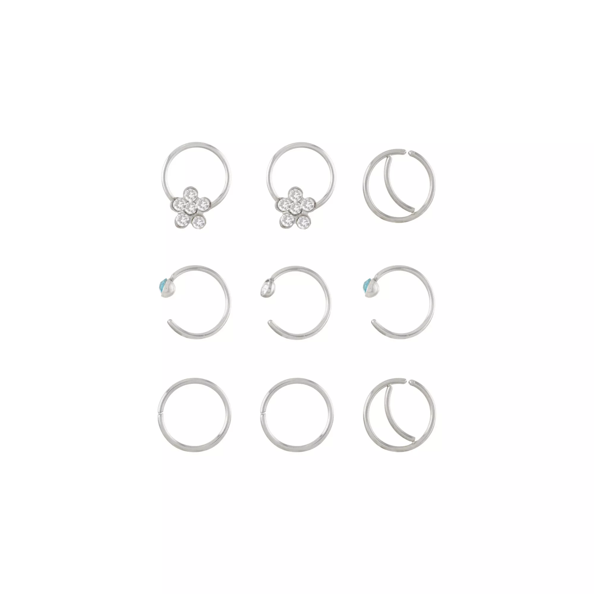 Multi-Pack CZ Silvertone Flower Hoop and Half Hoop Nose Rings 9 Pack - 20 Gauge at Spencer's