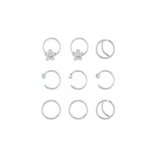 Multi-Pack CZ Silvertone Flower Hoop and Half Hoop Nose Rings 9 Pack - 20 Gauge at Spencer's