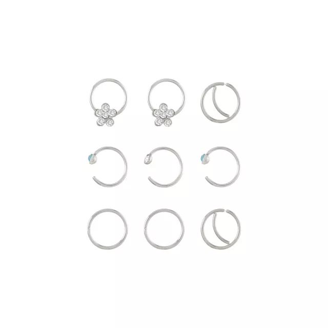 Multi-Pack CZ Silvertone Flower Hoop and Half Hoop Nose Rings 9 Pack - 20 Gauge at Spencer's