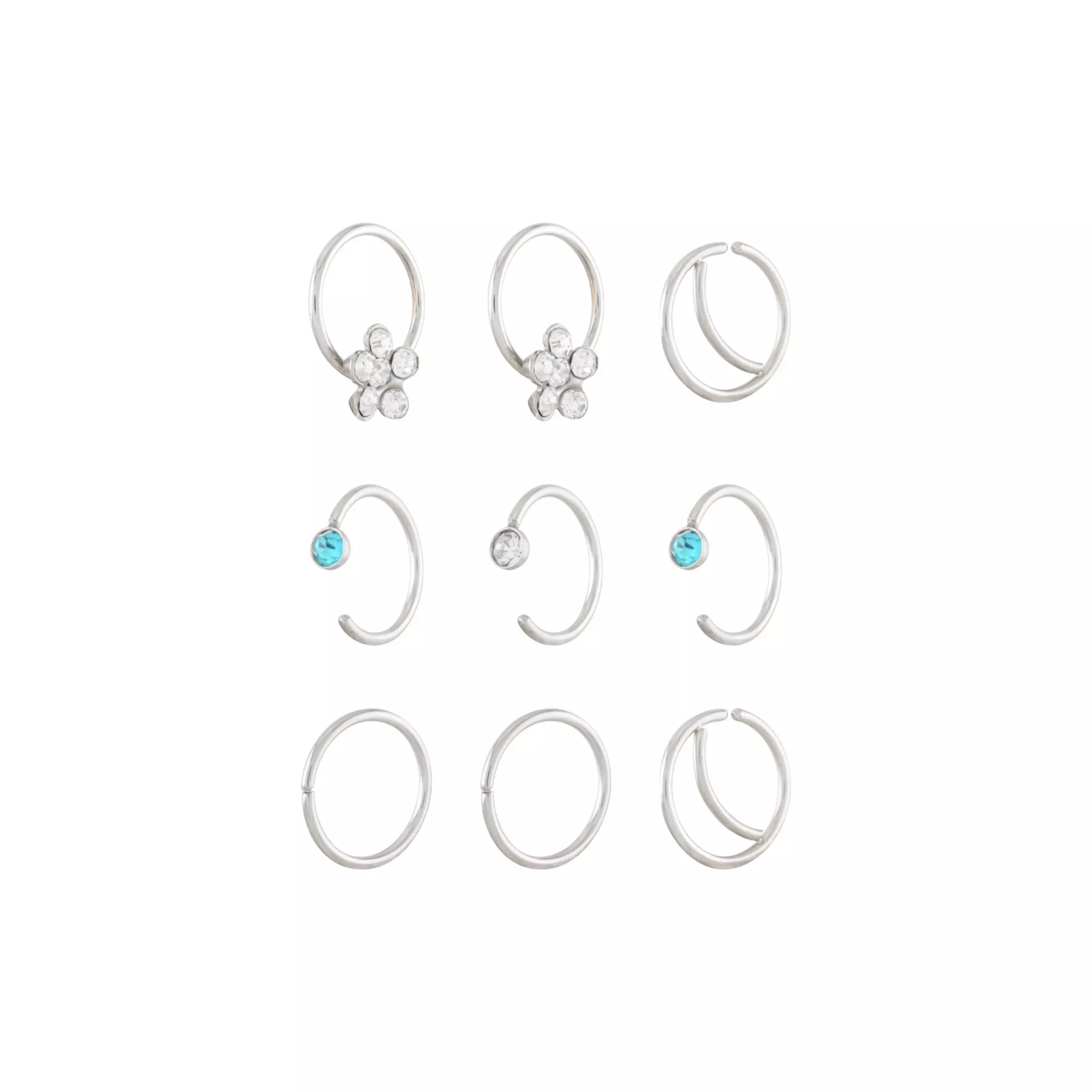 Multi-Pack CZ Silvertone Flower Hoop and Half Hoop Nose Rings 9 Pack - 20 Gauge at Spencer's