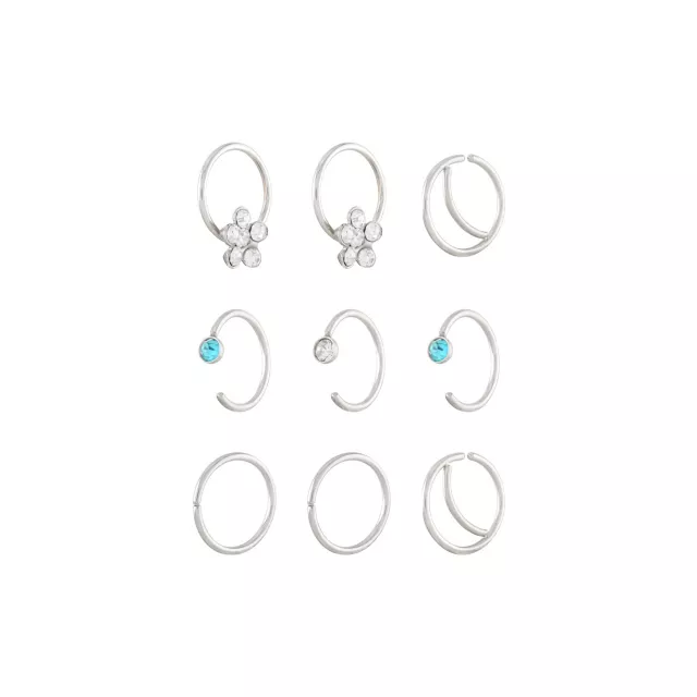 Multi-Pack CZ Silvertone Flower Hoop and Half Hoop Nose Rings 9 Pack - 20 Gauge at Spencer's