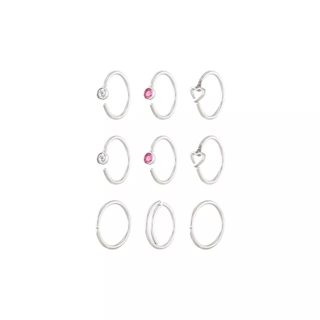 Multi-Pack Pink and Clear CZ Heart Nose Hoops 9 Pack - 20 Gauge at Spencer's