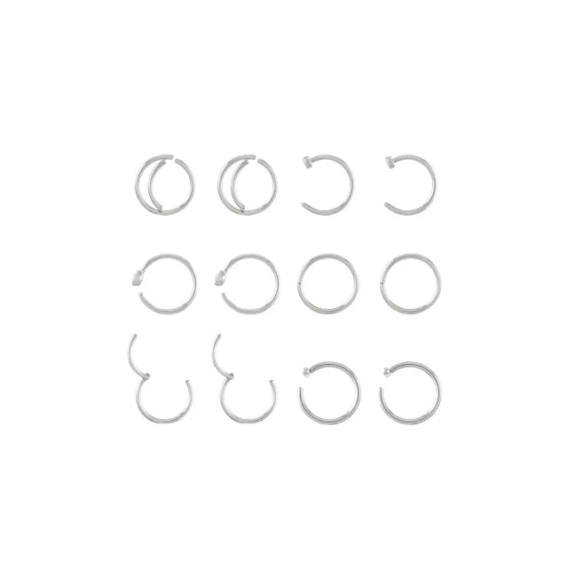 Multi-Pack CZ Silvertone Hoop and Half Hoop Nose Rings 12 Pack - 20 Gauge at Spencer's