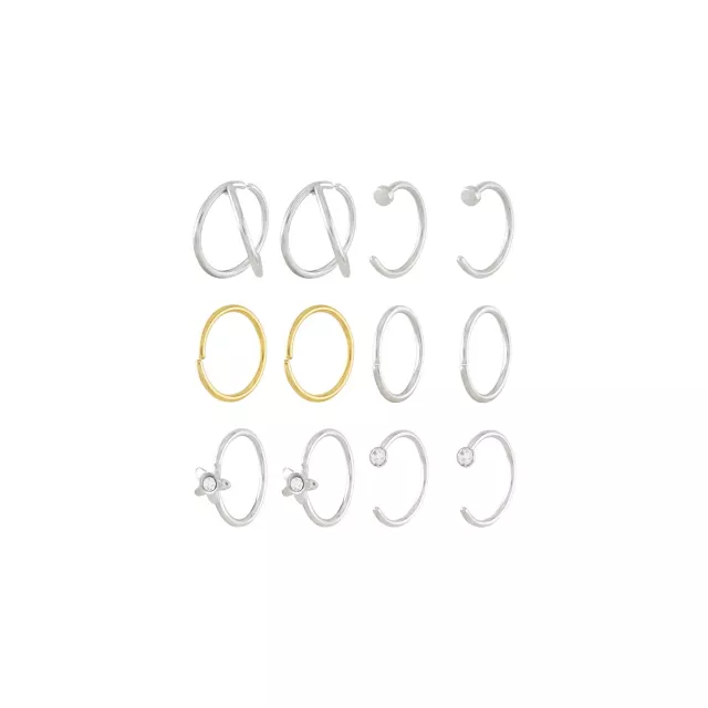 Multi-Pack CZ Flower Silvertone Goldtone Hoop and Half Hoop Nose Rings 12 Pack - 20 Gauge at Spencer's