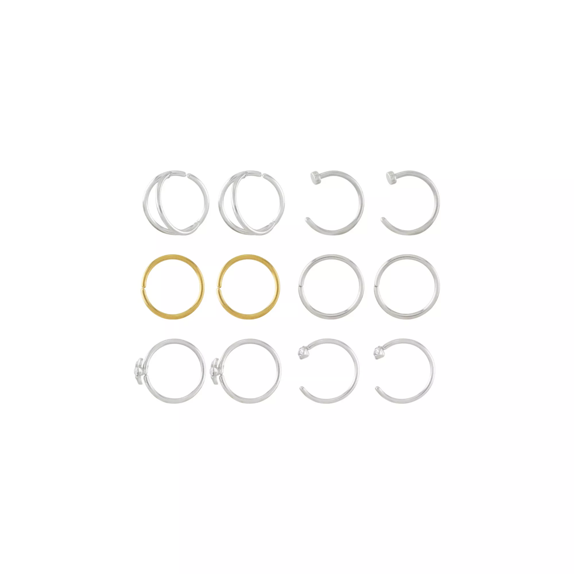 Multi-Pack CZ Flower Silvertone Goldtone Hoop and Half Hoop Nose Rings 12 Pack - 20 Gauge at Spencer's