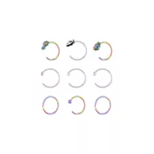 Multi-Pack CZ Rainbow Alien Silvertone Hoop and Half Hoop Nose Rings 9 Pack - 20 Gauge at Spencer's