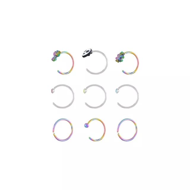 Multi-Pack CZ Rainbow Alien Silvertone Hoop and Half Hoop Nose Rings 9 Pack - 20 Gauge at Spencer's