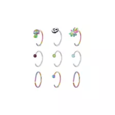 Multi-Pack CZ Rainbow Alien Silvertone Hoop and Half Hoop Nose Rings 9 Pack - 20 Gauge at Spencer's