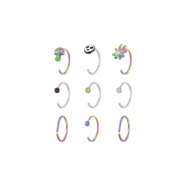 Multi-Pack CZ Rainbow Alien Silvertone Hoop and Half Hoop Nose Rings 9 Pack - 20 Gauge at Spencer's