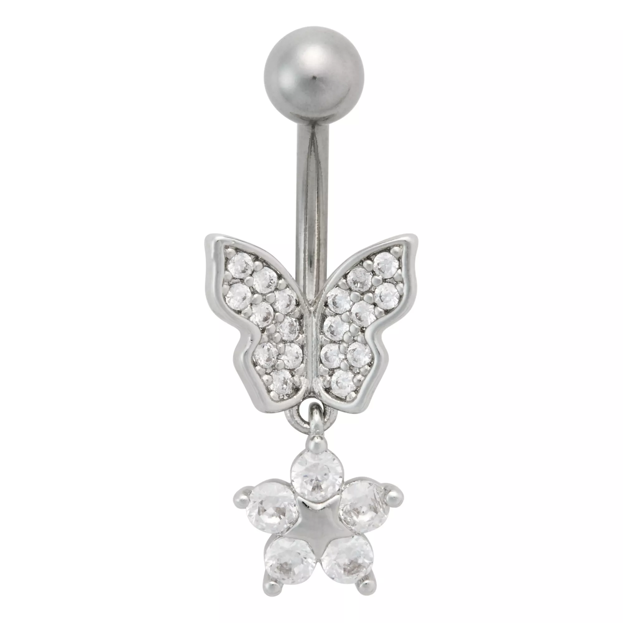 CZ Titanium Butterfly Flower Dangle Belly Ring - 14 Gauge at Spencer's