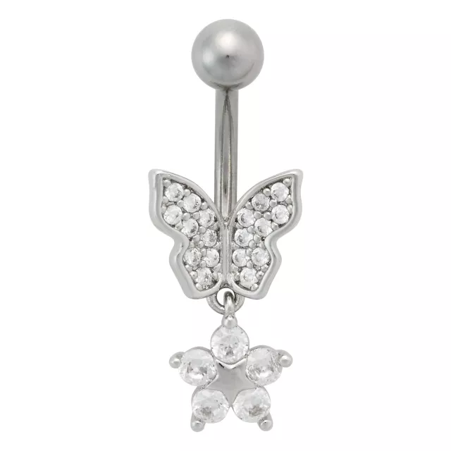 CZ Titanium Butterfly Flower Dangle Belly Ring - 14 Gauge at Spencer's
