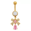 CZ Goldtone Titanium Pink Bow Teardrop Dangle Belly Ring - 14 Gauge at Spencer's
