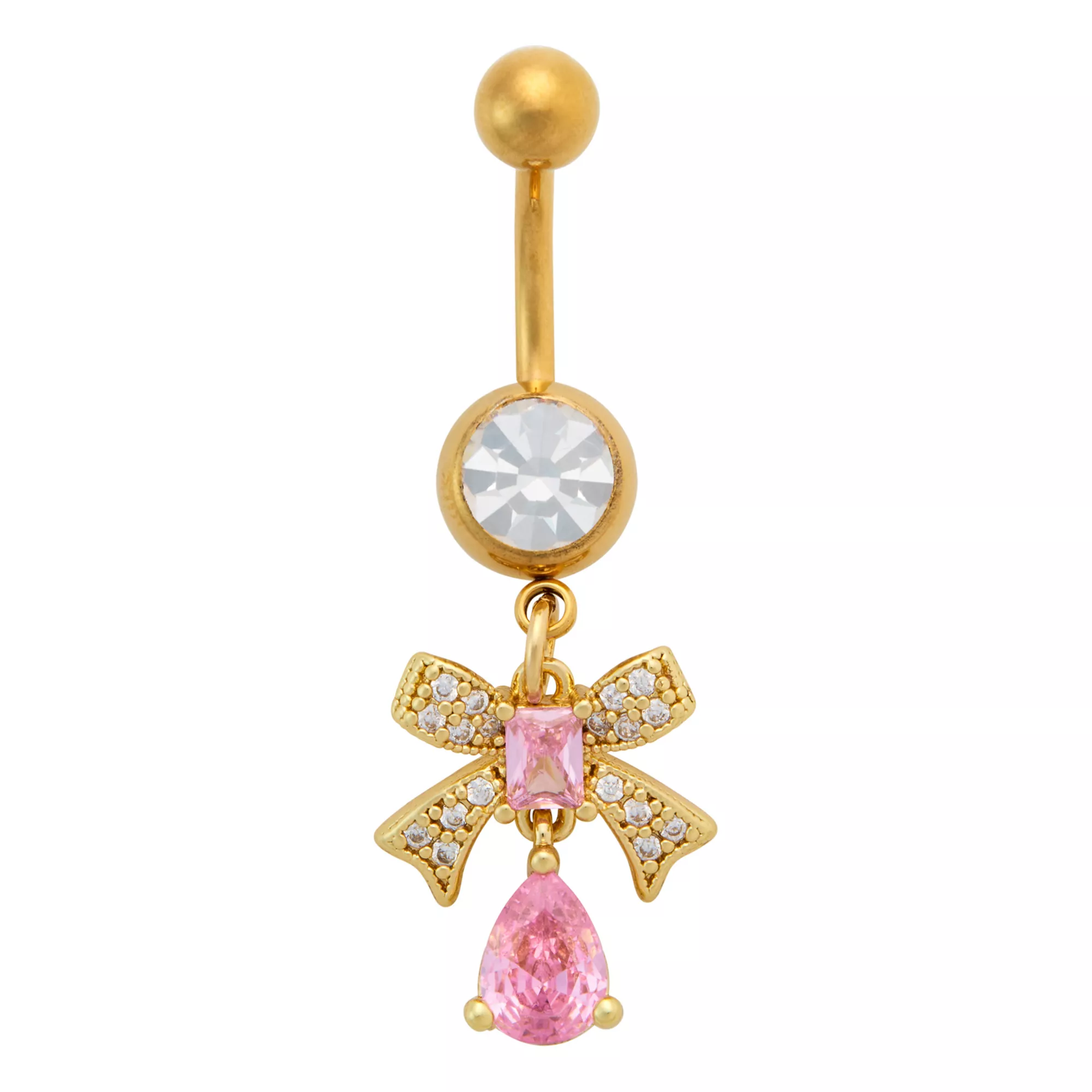 CZ Goldtone Titanium Pink Bow Teardrop Dangle Belly Ring - 14 Gauge at Spencer's